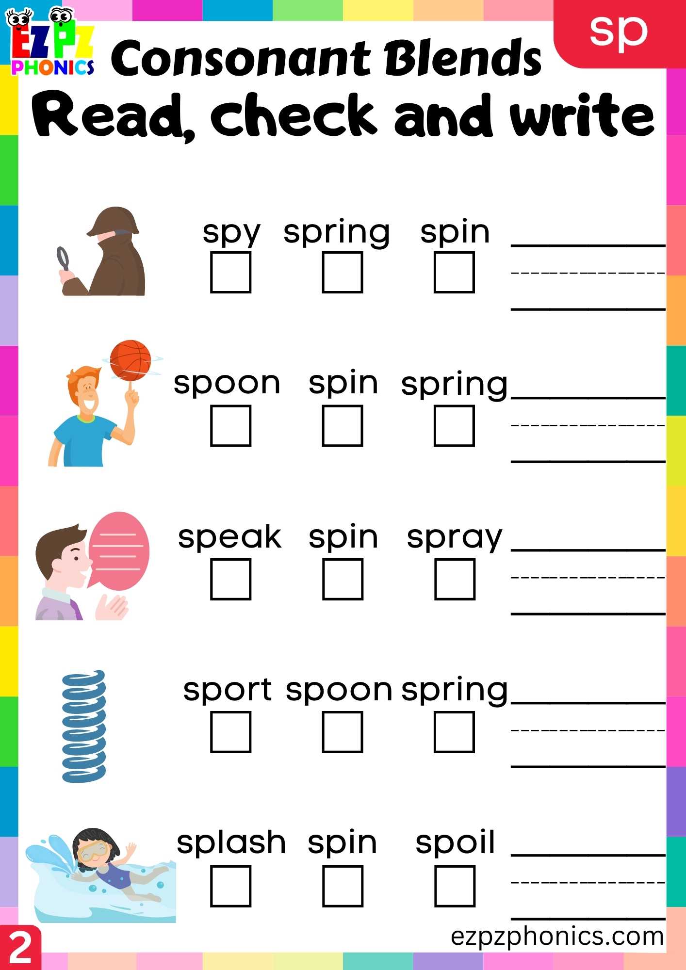 Group2 SP Words Read, Check And Write Phonics Consonant Blends Worksheet